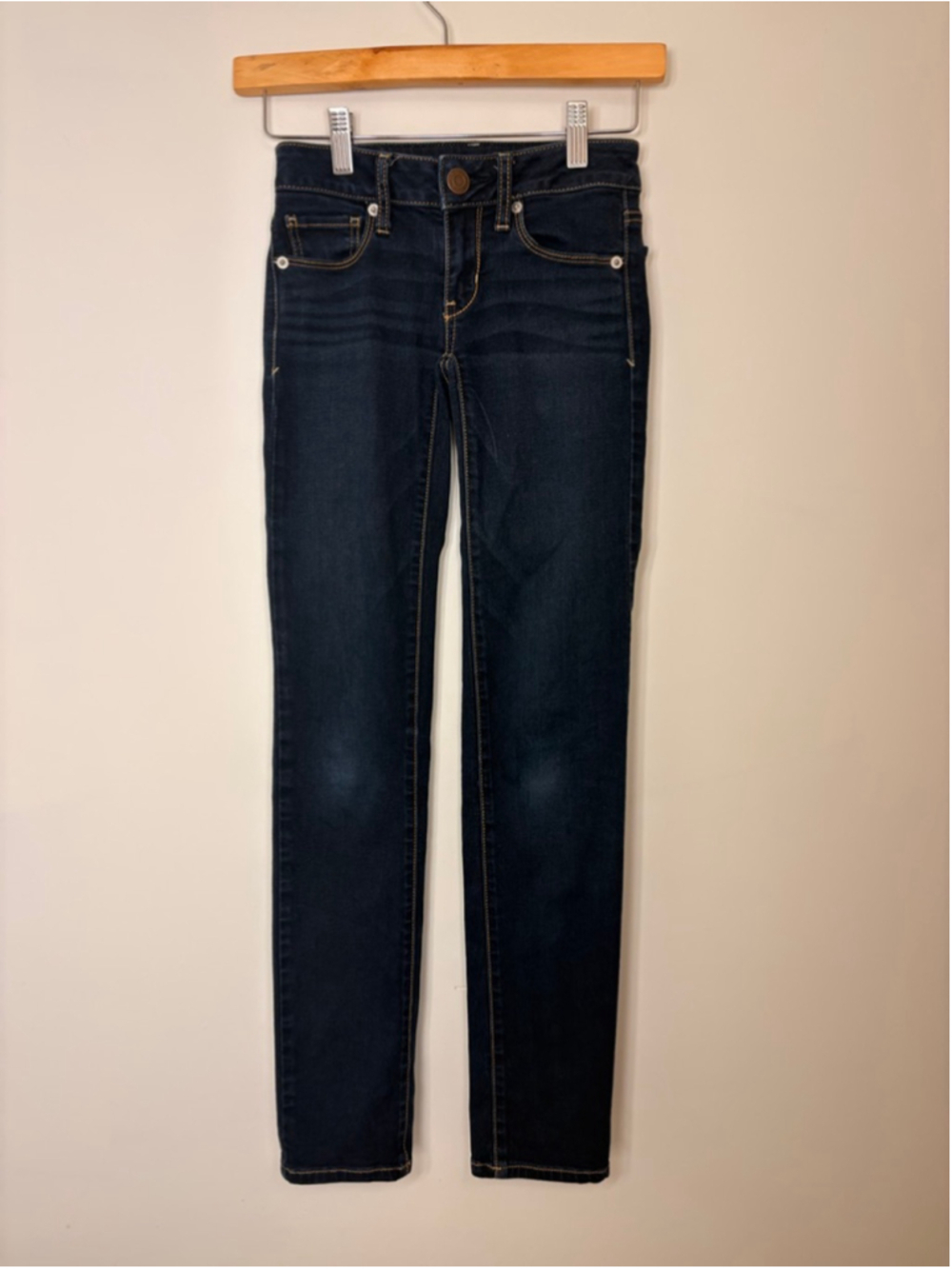 American Eagle Women Jeans Super Stretch Skinny Size 00 Low Rise Dark Wash